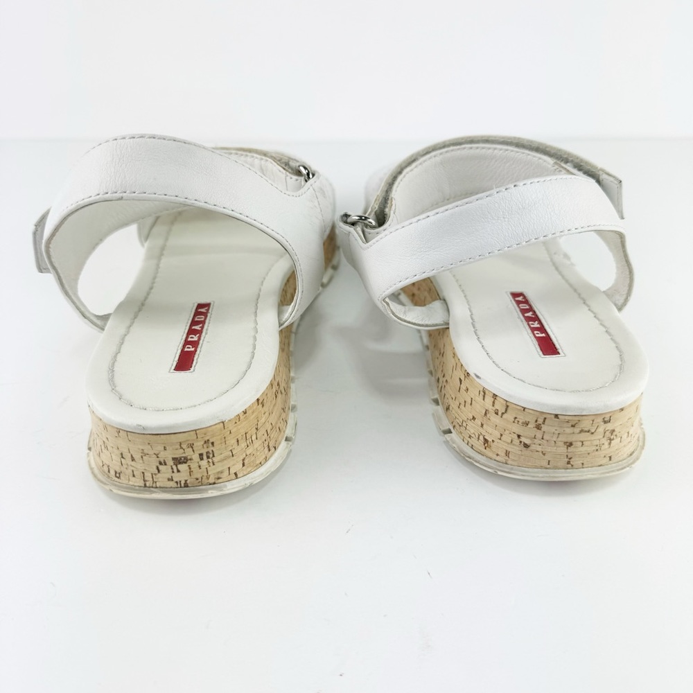 PRADA Platform Linea Rossa Saffiano Upper Cork Bottom Sandals - Picture 4 of 9